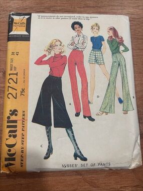 McCall 2721, 1971 pattern MOD BELL BOTTOM PANTS, CULOTTES